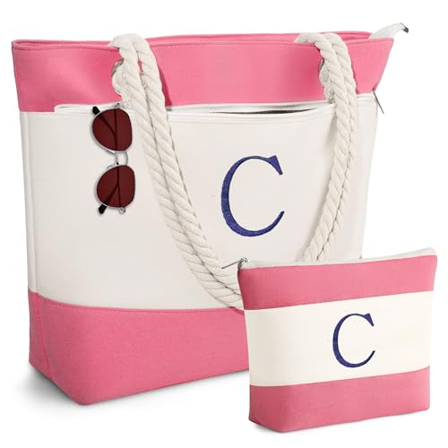 YOOLIFE Beach Bags for Women - Initial Canvas Waterproof Beach Tote Bag, Mothers Day Gifts for Women Mom Wife Friend