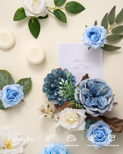 Artificial Blue Flowers Combo Box Set Baby Blue Rose Flowers Bulk Mix Dusty Blue Dahila Peonies Fake Silk Light Blue Flowe...