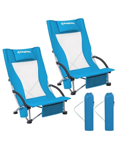 KingCamp Low Beach Chair, High Back Folding Camping Chair for Adults, Oversized Breathable Mesh Seat, 300lbs Heavy Duty Po...