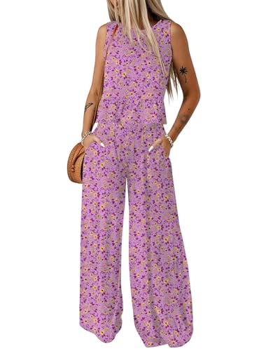 Dokotoo Pants Sets Women 2 Piece Outfits Sleeveless Round Neck Tank Tops Matching Sets for Women Elastic Waist Wide Leg