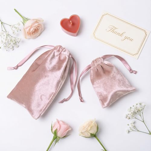 QIANF 12pcs Rose Pink Velvet Drawstring Bags 3x4 inches Glossy Small Velvet Cloth Gift Bags Jewelry Pouches for Storage We...