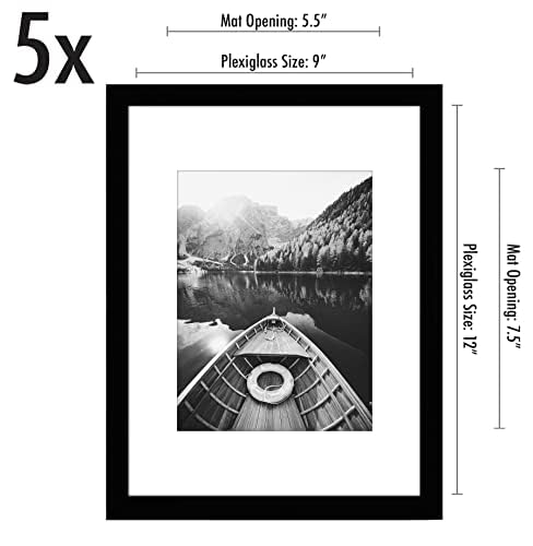 Americanflat 9x12 Picture Frame with Polished Plexiglass - Set of 5 - Use as 6x8 Frame with Mat or Display 9x12 Photo With...