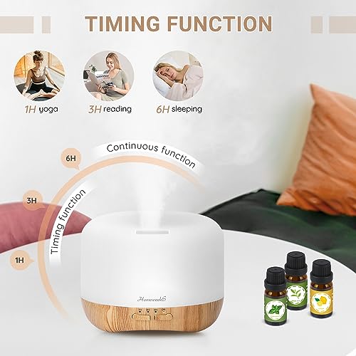 Homeweeks 300ml Essential Oil Diffuser, Quiet Aromatherapy Mist Diffusers for Essential Oils, Wood Grain, Ultrasonic, Remo...