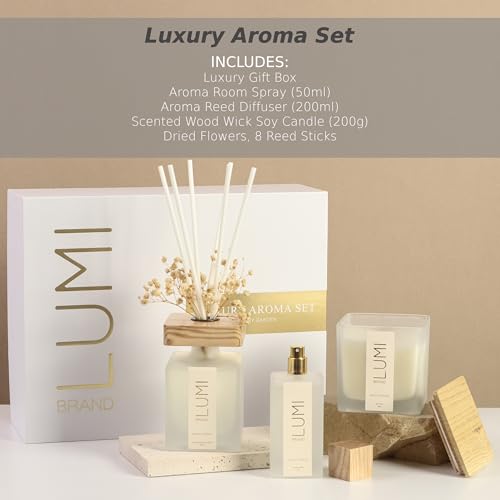 Luxury Aroma Gift Set | Peony Garden - Reed Diffuser (200ml), Wood Wick Soy Candle (200g), Room Spray (50ml) | Includes Dr...