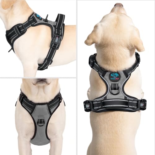 PHOEPET No Pull Dog Harness Medium Reflective Front Clip Vest with Handle, Adjustable 2 Metal Rings 2 Buckles(M, Grey)