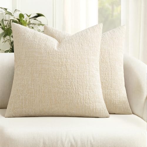 MIULEE Decorative Throw Pillow Covers 20x20 Pack of 2 Beige Couch Pillow Covers Soft Cozy Textured Chenille Pillowcases fo...