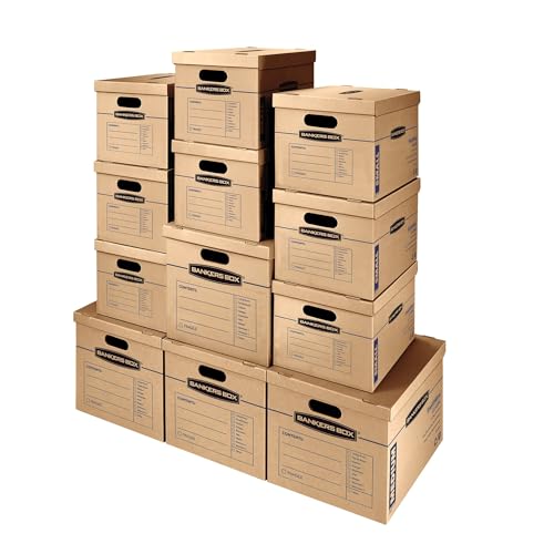 Bankers Box Classic Moving Box 12 Pack Kit, Reinforced Handles, Tape-Free Assembly, Box with Lid, 8 Small and 4 Medium Box...