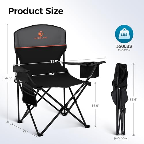 ALPHA CAMP Camping Chairs 350LBS Capacity, Heavy Duty Folding Chair with 4-Can Cooler Bag, Portable Outdoor Chair with Cup...
