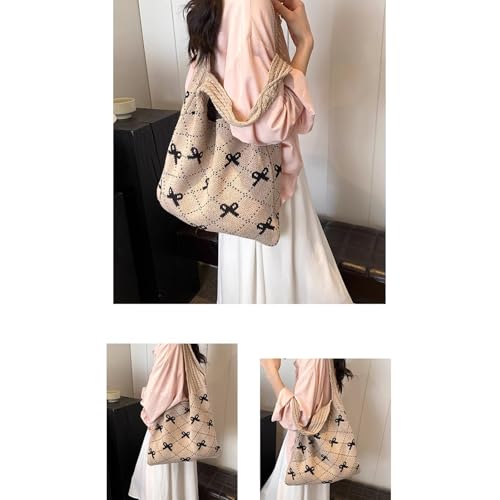 Busnos Beach Bags for Women Coquette Bow Bag Purse Cute Crochet Beach Tote Bag Boho Knit Shoulder Purses Travel Vacation