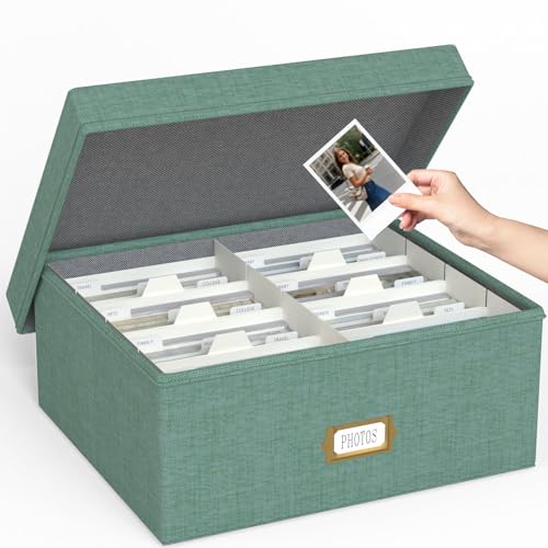Decorative Photo Storage Box - Linen Photo Box Organizer with Dividers, Fits Holds Up to 1700 Pictures and 4x6 Photos, Mem...