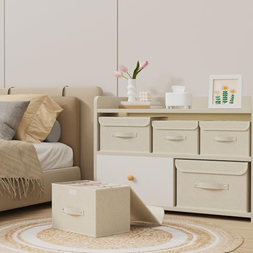 ENUMAIL Storage Boxes, Collapsible Storage Bins with Lids, Cotton and linen cloth Storage Baskets with Handle, for Books, ...