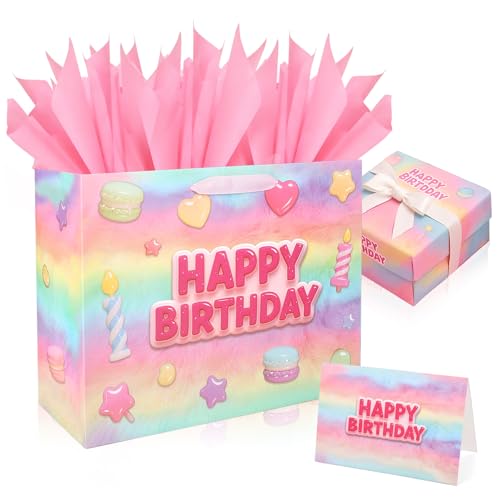 Vodolo 13” Happy Birthday Gift Bags with Tissue Paper Wrapping Paper and Card,Pink Gift Wrap Bags with handles for Women,G...