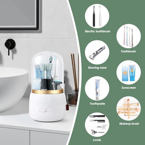 Toothbrush Holders for Bathrooms,Rotating 5-Slot with Cover and Draining Water,Kids Electric Toothbrush Holder and Toothpa...