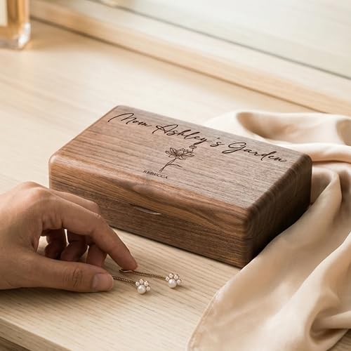 Customization Mill Personalized Wooden Jewelry Box with 1 Custom Birth Flower - Engraved Keepsake Organizer for Rings & Ne...