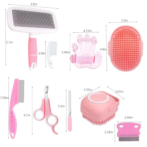 9PCS Small Animal Grooming Kit, Cleaning Brush Removes Loose Hair, Pet Bath Brush,Shampoo Brush, Nail Clipper, Flea Comb F...