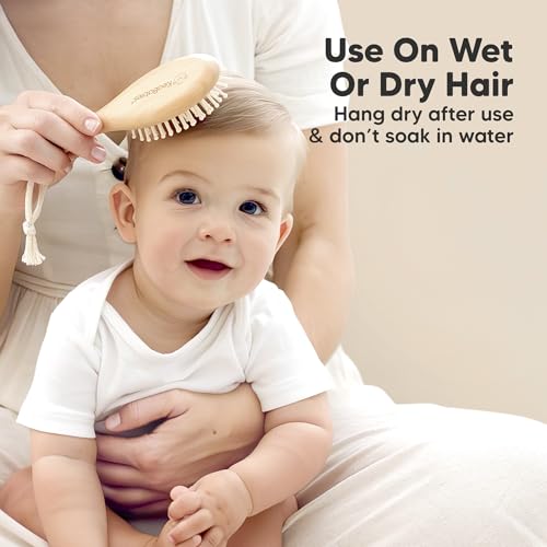 Baby Hair Brush Set for Newborns - Soft Goat Bristle Wooden Baby Brush and Comb Set Newborn Grooming Kit for Cradle Cap, D...