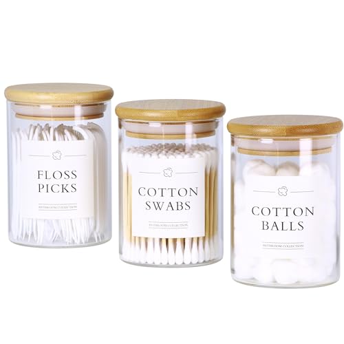 INIUNIK 3 Pack Qtip Holder Dispenser - Glass Apothecary Jars with Lids, Cotton Ball Pad Swab Round Holder, Bamboo Bathroom...
