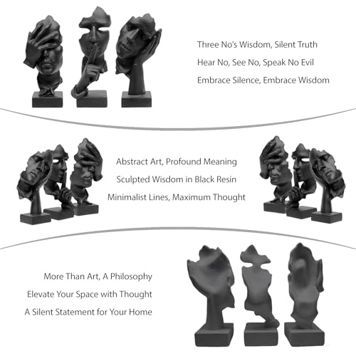 aboxoo 3 Pcs Thinker Statue, Silence is Gold Abstract Art Figurine, See No Evil Hear No Evil Speak No Evil Statues, Modern...