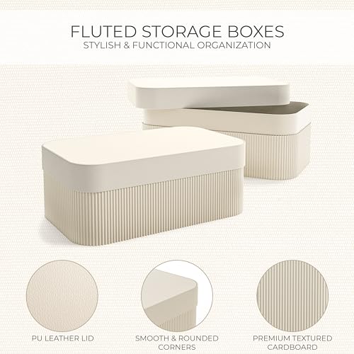 Decorative Storage Boxes with Lids – Set of 2 Beautiful Fluted Cardboard Organizer Bins for Your Home Bookshelf Decor to S...