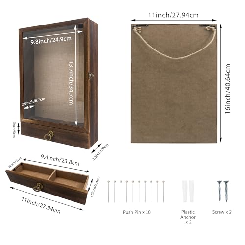 FramePro 11x16 Deep Shadow Box Frame with Drawer and Soft Line Back, Wooden Display Case Memory Box Real Glass for Keepsak...