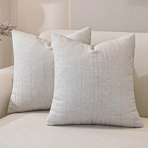 QDTTSRY Natural Linen Boho Throw Pillow Covers Set of 2-18x18 Inch Rustic Striped Farmhouse Decor Pillowcase, Breathable &...