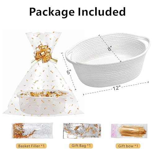 SUNCOLOR Small Woven Gift Basket Set with Cut Paper Shred Filler, Pull Bow & Cellophane Bag, 12x8x5 Inch Durable Cotton Ro...