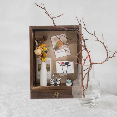 FramePro 11x16 Deep Shadow Box Frame with Drawer and Soft Line Back, Wooden Display Case Memory Box Real Glass for Keepsak...