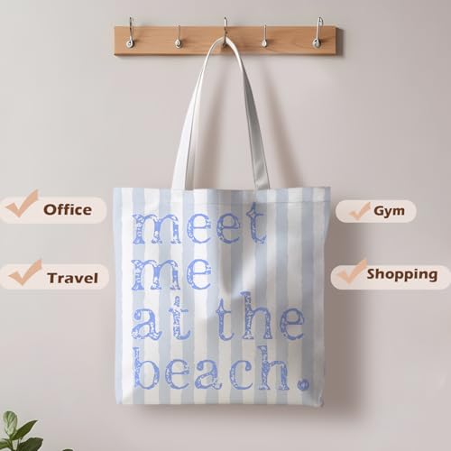 ignytiger Beach Tote Bag, Summer Canvas Striped Tote Bags for Women, Meet Me At The Beach Aesthetic Shopping Bag