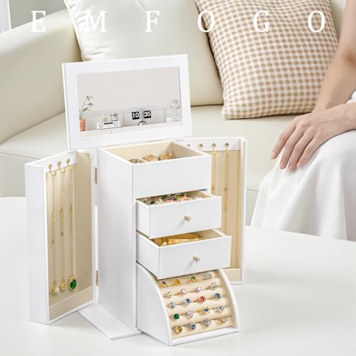 Emfogo Synthetic Leather Jewelry Box Organizer, Large Jewelry Boxes Storage with Mirror Velvet Interior, 4 Tier Jewlery Or...