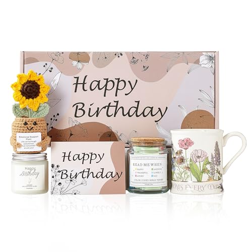 Happy Birthday Gift Set for Women - Ceramic Mug, Bible Verse Jar, Scented Candle, Sunflower & Greeting Card - Religious Bi...