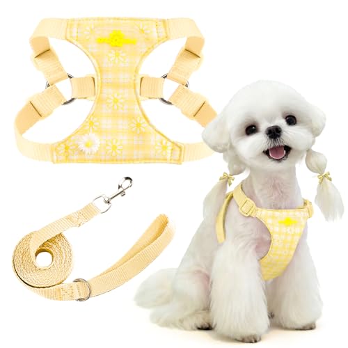 PETCARE Cute Small Dog Harness and Leash Set Yellow Floral Daisy Puppy Harness Vest Adjustable Step in Spring Summer Soft ...