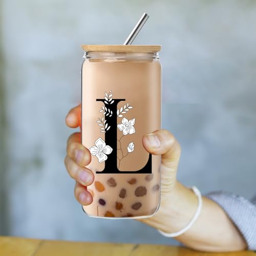fcaylo Monogrammed Initial Glass Cup with Lids and Straws, Personalized Gift Set with Doll, 16 Oz Ice Coffee Cup for Wome...