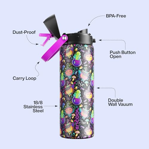 Insulated Water Bottle with Straw - Encool Stainless Steel Water Bottle with Push Button Lid, Leak-Proof & BPA-Free, Keeps...