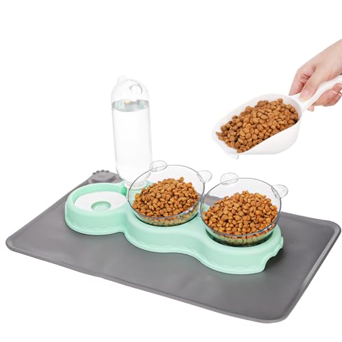 WRINGKIT Triple Cats Bowls, Cat Food Water Bowl with Mat and Scoop, 15° Tilted Raised Cat Bowl Dishes with Automatic Water...