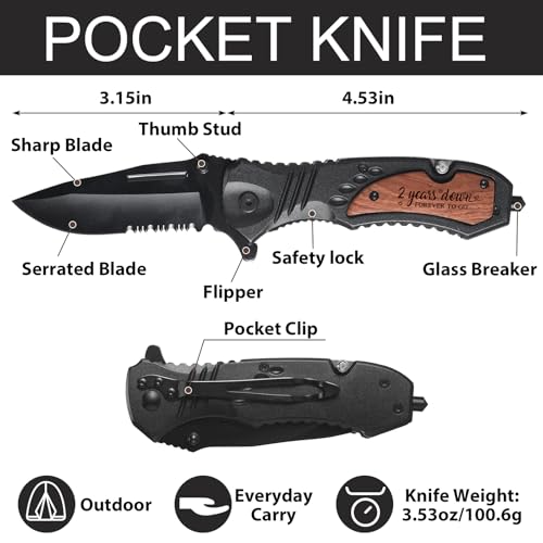 Leriton 2 Years Anniversary Keepsake Gifts for Him Men Husband Engraved Pocket Folding Knife with Wood Box Tin Anniversary...
