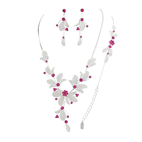 Rosemarie Collections Women's 3 Piece Rhinestone Crystal And Metal Mesh Floral Statement Necklace Bracelet Earring Jewelry...