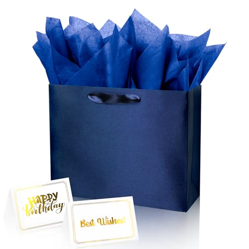 Linelglobal Blue Gift Bag with Tissue Paper Solid Color Silky for Women Men Boutique, Birthday, Fathers Day, Anniversary, ...