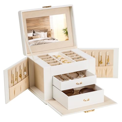 Homde Girls Jewelry Box with Lock: 3 Layer Organizer with Mirror - Necklace Ring Earring Storage for Dresser - Women Gifts...