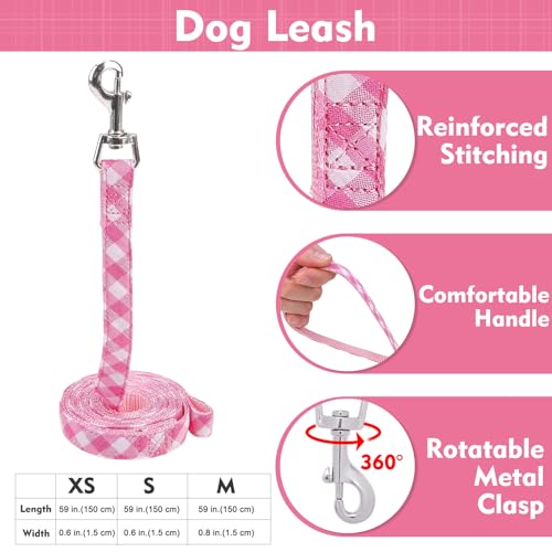 EXPAWLORER Cute Dog Harness Collar Leash Set - Pink Girl Dog Harness Checkered Step-in Design, Detachable Bow Pet Collar, ...