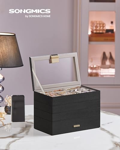 SONGMICS Stackable Jewelry Trays, 4-Tier Jewelry Box, Drawer Jewelry Organizer, with Glass Lid, Removable Dividers, for Va...