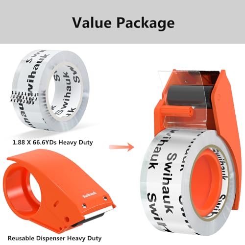 Swihauk 1.88 in x 66.6 YDs Heavy Duty Packing Tape with Dispenser, Strong & Durable Shipping Tape, Packaging Tape, Clear P...