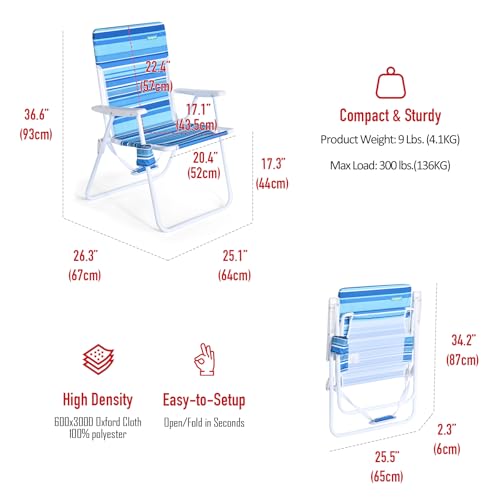SunnyFeel 15" Tall Folding Beach Chair for Adults 2 Pack, Oversized Portable High Seat Sand Chair Heavy Duty 300 LBS, Fold...