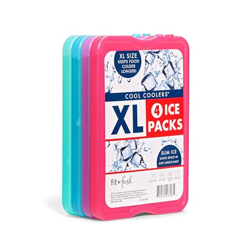 Cool Coolers by Fit & Fresh 4 Pack XL Slim Ice Packs, Quick Freeze Space Saving Reusable Ice Packs for Lunch Boxes or Cool...