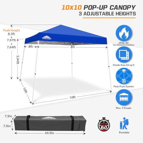 EAGLE PEAK 10x10 Slant Leg Pop-up Canopy Tent Easy One Person Setup Instant Outdoor Beach Canopy Folding Portable Sports S...