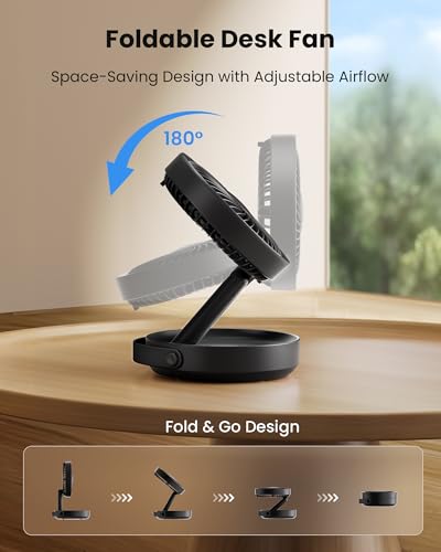 Gaiatop Foldable Small Desk Fan with LED Night Light, Wireless 6000mAh Battery Powered Portable Fan USB Rechargeable, Bedr...