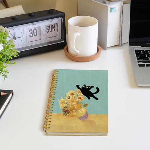 ROXMART Abstract Sunflower Black Cat Spiral Notebook, Cats Lover Gifts Journal, Black Cat Gifts for Women, Whimsical Flora...