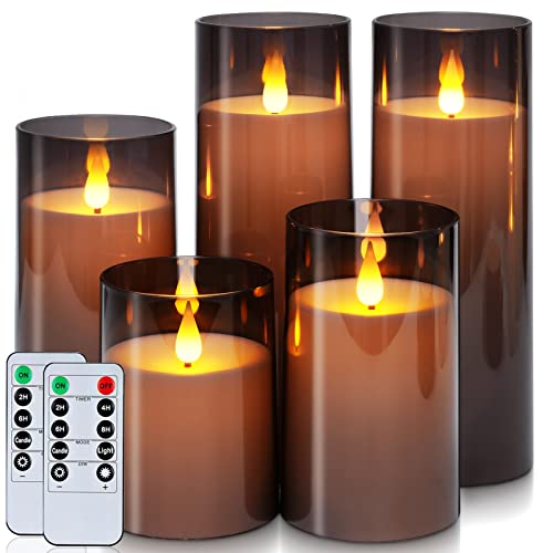 Homemory Gray Flickering Flameless Candles, Battery Operated Acrylic LED Pillar Candles with Remote Control and Timer, Hal...