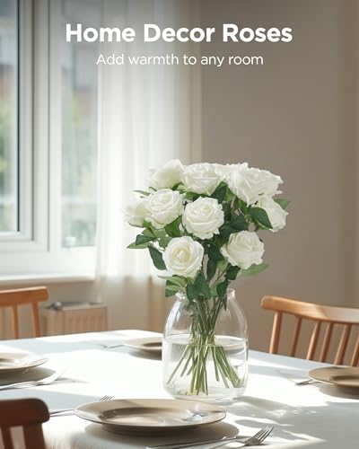 InnoGear 50 Pcs White Roses Artificial Flowers, Fake Velvet Silk Rose Bulk Faux Flower for Mother's Gift Decoration DIY We...
