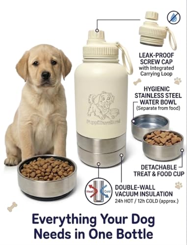 PuppiLovePets PuppiTravelBowl 3-in-1 Dog Travel Water Bottle – 32oz Insulated Aluminum Container with 2 Detachable Cups, L...