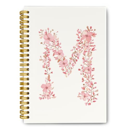 QROZIAR Pink Cute Spiral Notebook Journal, Preppy Floral Initial Letter M Personalized Journaling Notebooks, Monogrammed G...